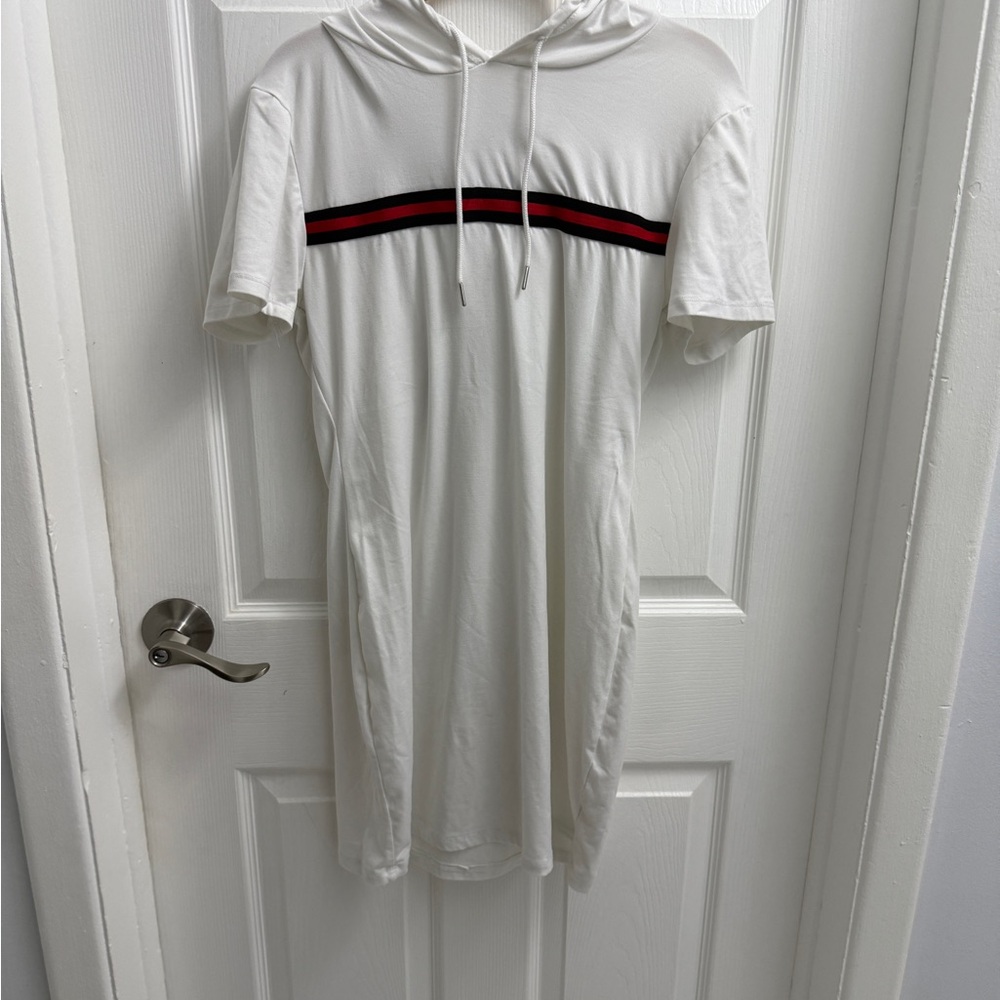 White Hooded T-Shirt Dress with Black and Red Stripe
